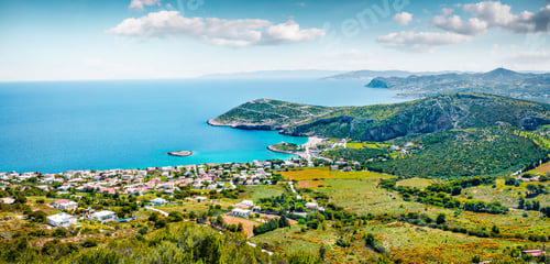 Preview: Aerial Panorama Of Paralia Kakis Thalassis Village. Bright Spring Seascape Of Aegean Sea. Sunny