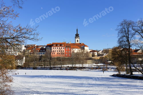Preview: Colorful Royal Snowy Medieval Town Pisek Above The Frozen River Otava, Czech Republic