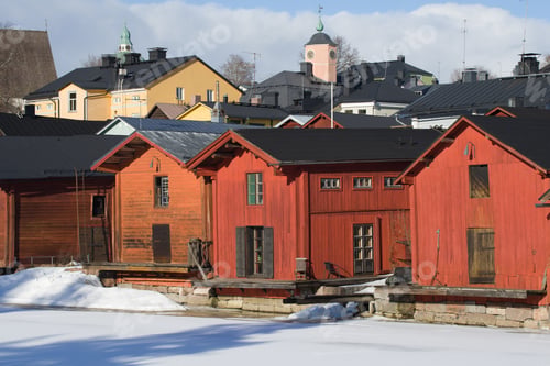 Preview: Vintage Wooden Red Barns Close-Up On A Sunny March Day. Porvoo, Finland