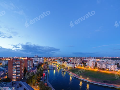 Preview: Lights Evening Kaliningrad. River Pregolya, Embankment Of The Fish Village And The Jubilee Bridge