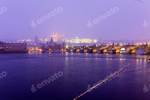 Preview: Foggy Night Prague Lesser Town With Gothic Castle, Bridge Tower And St. Nicholas' Cathedral In The