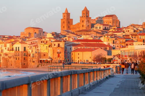 Preview: City Embankment In The Old Medieval Town Cefalu At Sunset. Italy. Sicily.