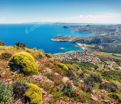 Preview: Colorful Morning View Of Paralia Kakis Thalassis Village. Bright Spring Seascape Of Aegean Sea