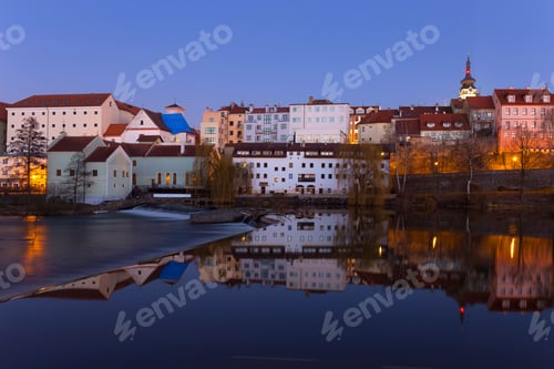 Preview: Night Winter Royal Medieval Town Pisek With The Castle Above The River Otava, Czech Republic