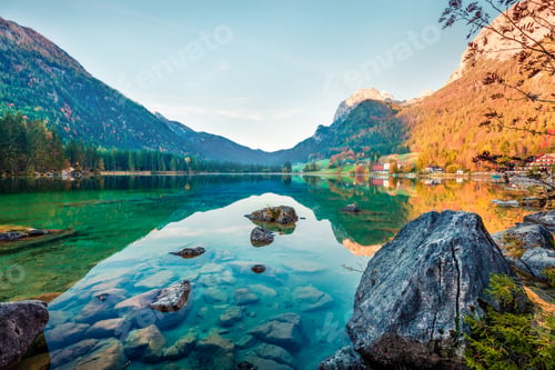 Preview: Colorful Autumn Scene Of Hintersee Lake. Amazing Morning View Of Bavarian Alps On The Austrian