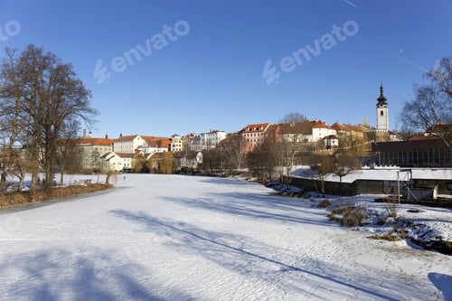 Preview: Colorful Royal Snowy Medieval Town Pisek Above The Frozen River Otava, Czech Republic