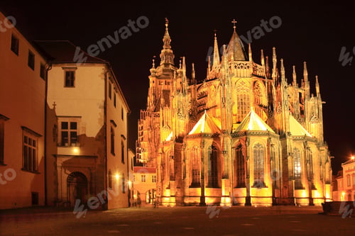 Preview: Colorful Gothic St. Vitus' Cathedral On Prague Castle In The Night, Czech Republic