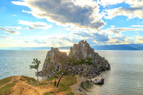 Preview: Russia, Lake Baikal. Khuzhir. Tourists Walk Around Shaman Rock. Olkhon Island, Bay "Small Sea"