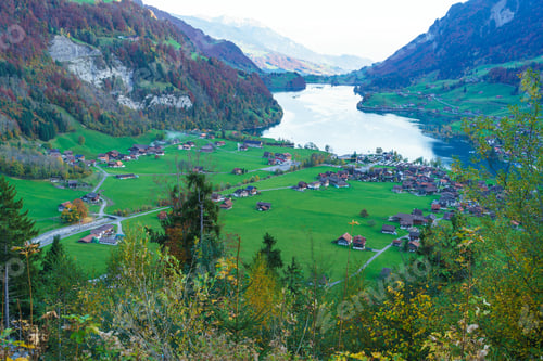 Preview: Valley Of Lake Lungern Or Lungerersee With Traditional Alps Chalets In Obwalden, Switzerland