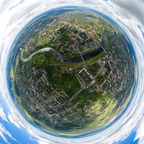 Preview: Rzhev, Russia. Panorama 360 Of The City Center. Aerial View Of The Volga And The Embankment. 360