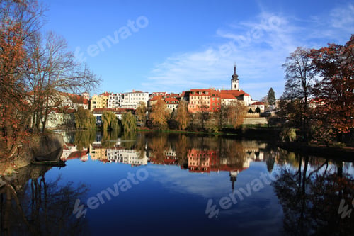 Preview: Colorful Autumn Medieval Town Pisek Above The River Otava With The Gothic Deanery Church, Czech