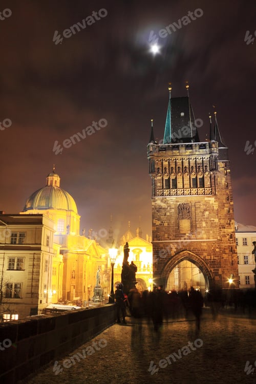 Preview: Freezy Foggy Night Snowy Prague With Charles Bridge Tower