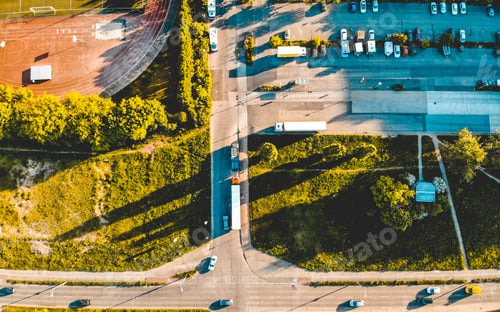 Preview: Aerial Views Of Traffic At An Intersection On An Urban Motorway Leading From A Parking Lot With