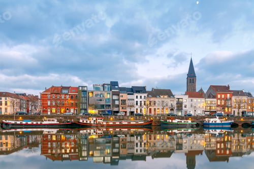 Preview: View Of The Embankment And Houses Along The River At Sunset. Gent. Belgium.