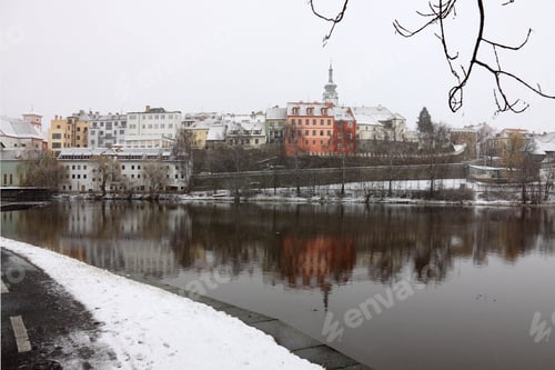 Preview: The Winter Medieval Town Pisek In Snowfall, Czech Republic