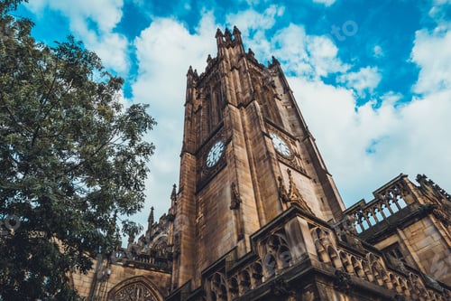 Preview: Clock Tower Of Old Church At Manchester With Beautiful Sky And Tree