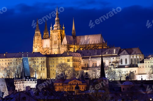 Vista previa: Night Colorful Snowy Christmas Prague Lesser Town With Gothic Castle And Charles Bridge, Czech