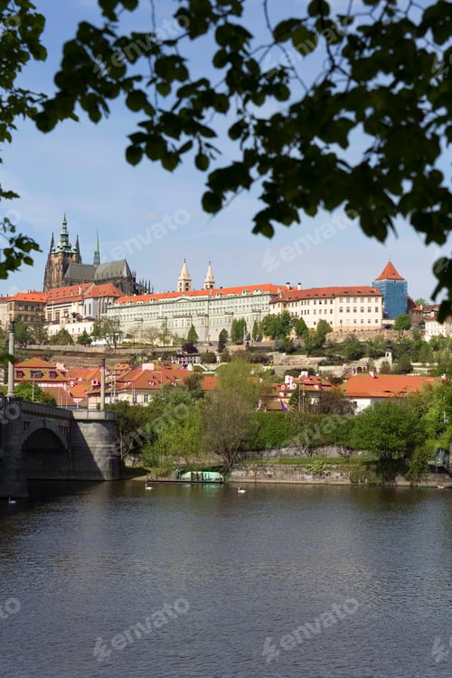Preview: Spring Green Prague Lesser Town With Gothic Castle Above River Vltava In The Sunny Day, Czech