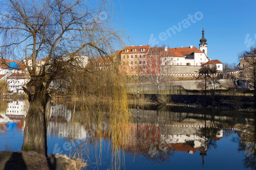 Preview: Sunny Winter Royal Medieval Town Pisek With The Castle Above The River Otava, Czech Republic
