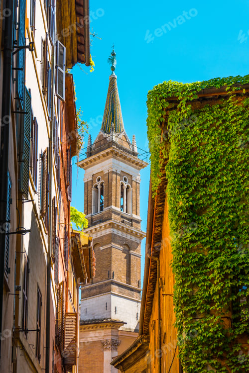 Preview: Beautiful Old Church In-Between Of Houses At Rome