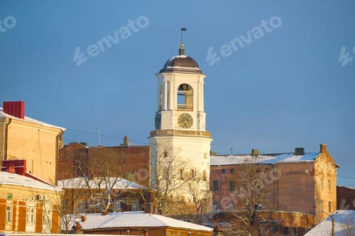 Preview: Theancient Clock Tower On A Sunny February Evening. Vyborg, Russia
