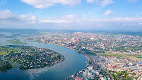 Preview: Russia, Irkutsk. Panoramic View Of The City And The Angara River From The Height Of Bird Flight