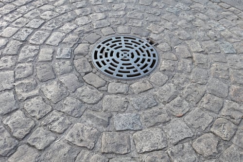 Preview: Manhole With Drainage Sewerage In Circle Of Cobblestones