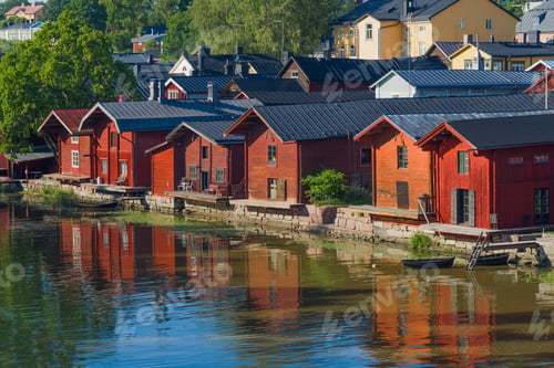 Preview: Old Red Barns On The Porvoonyoki River On A Sunny July Day. Old Porvoo, Finland