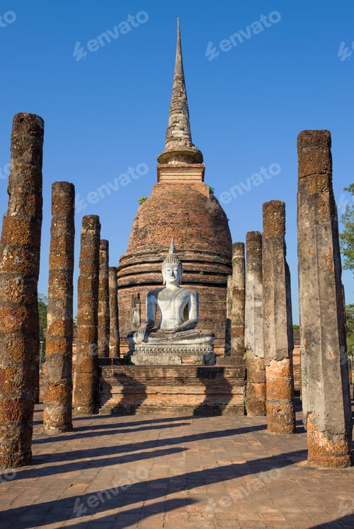 Preview: Sculpture Of A White Sitting Buddha On The Ruins Of A Buddhist Temple Wat Sa Si. Sukhothai