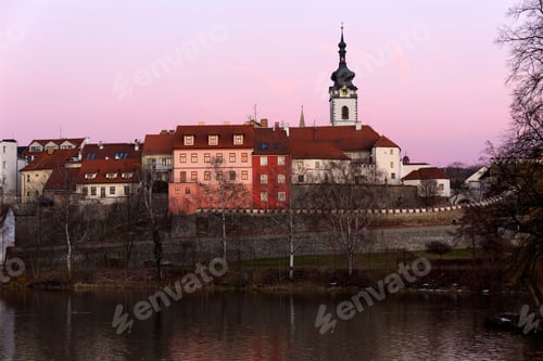 Preview: Evening Winter Royal Medieval Town Pisek With The Castle Above The River Otava, Czech Republic