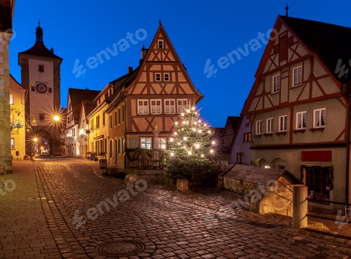Preview: Old Traditional Medieval Street In Night Illumination. Rothenburg Ob Der Tauber. Bavaria Germany.