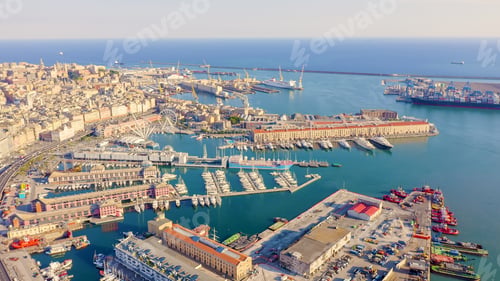 Preview: Genoa, Italy. Central Part Of The City, Aerial View. Ships In The Port, Aerial View
