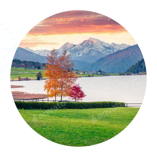 Preview: Round Icon Of Nature With Landscape. Impressive Autumn Sunrise On Haidersee (Lago Della Muta) Lake