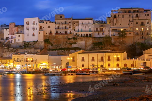 Preview: View Of Castellammare Del Golfo Harbor In The Night View At Sunrise. Italy. Sicily.