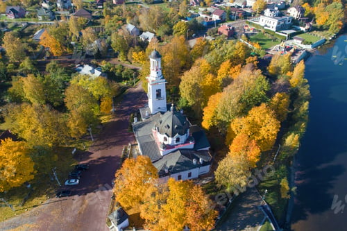 Preview: Top View On The Church Of Alexander Nevsky In Golden Autumn. Ust-Izhora, St. Petersburg. Russia