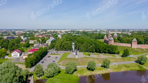 Preview: Veliky Novgorod, Russia. Victory Monument. Novgorod Kremlin (Detinets), Volkhov River, From Drone