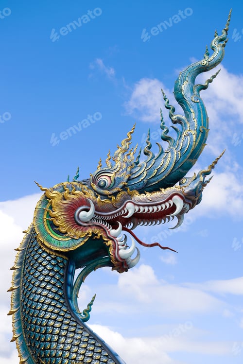 Preview: Head Of Dragon Close-Up On A Sunny Day. Buddhist Temple Wat Rong Seur Ten (Blue Temple). Chiang