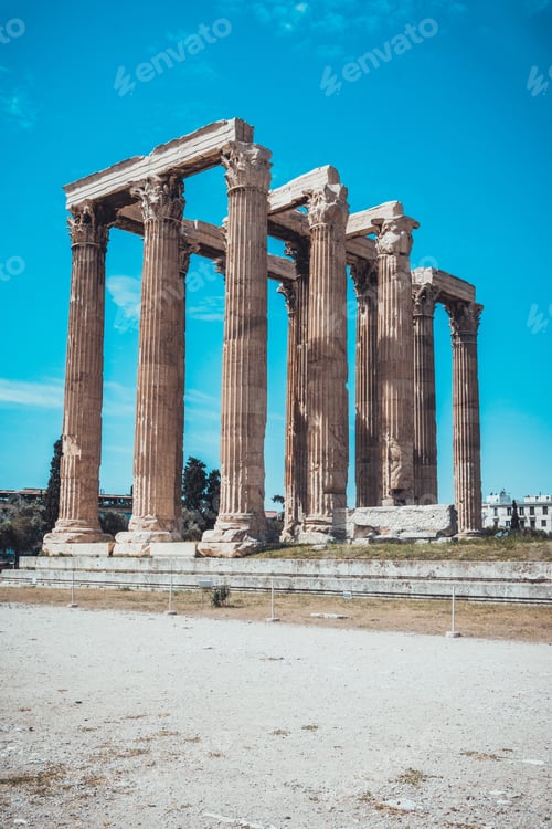 Preview: Architectural View Of Ancient Greek Ruins And Pillars Of Temple Of Zeus On Sunny Day With Clear