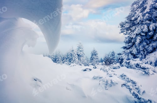 Preview: Huge Mounds Of Snow In Mountain Forest. Beautiful Outdoor Scene Of Carpathian Mountains, Ukraine