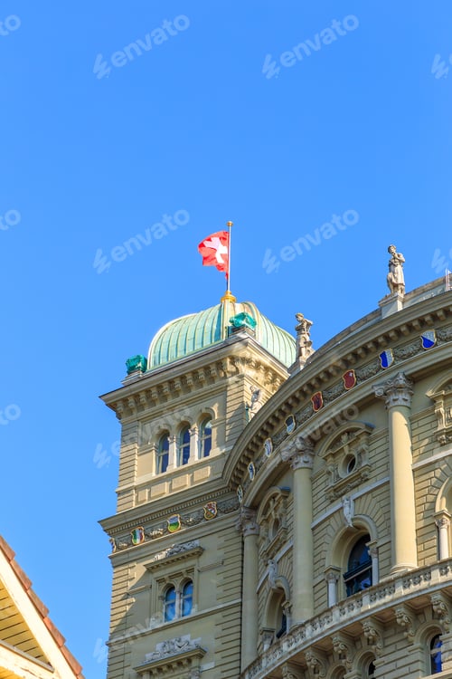 Preview: Bern, Switzerland. Bundeshaus - Federal Palace. Facade With Official Emblems Of The Regions
