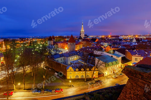 Preview: Aerial View Of The City In The Night Illumination. Tallinn. Estonia.