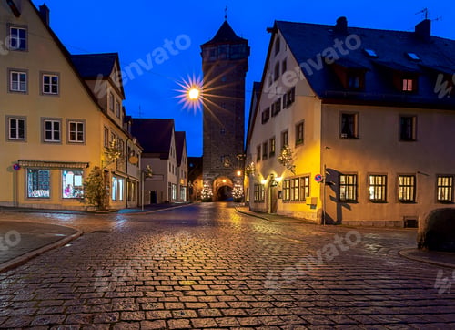 Preview: Old Traditional Medieval Street In Night Illumination. Rothenburg Ob Der Tauber. Bavaria Germany.