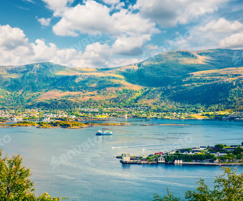 Preview: Aerial View Of Suburbs Of Alesund Port Town On The West Coast Of Norway, At The Entrance To The