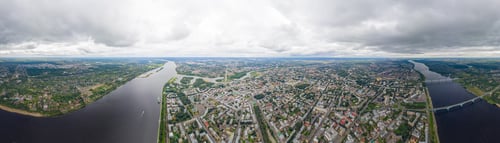 Preview: Yaroslavl, Russia. Volzhskaya Embankment. Cloudy Weather. Aerial View Panorama 360