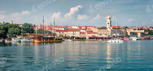 Preview: Sunny Morning Cityscape Of Krk Port. Amazing Summer Seascape Of Adriatic Sea, Krk Island, Croatia