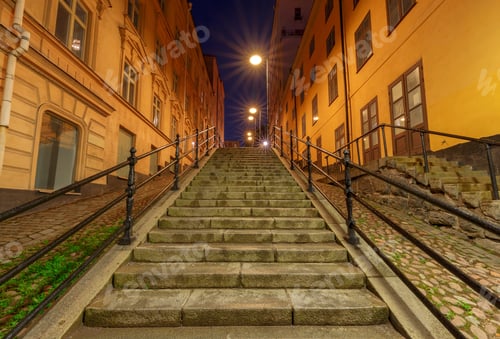 Preview: Old Medieval Traditional Street In The Night Illumination. Stockholm. Sweden.
