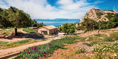 Preview: Sunny Spring Panorama Of Agios Ioannis Church. Splendid Morning View Of West Court Of Heraion Of