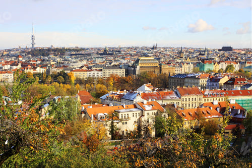 Preview: Romantic Snowy Colorful Autumn View On Prague City, Czech Republic
