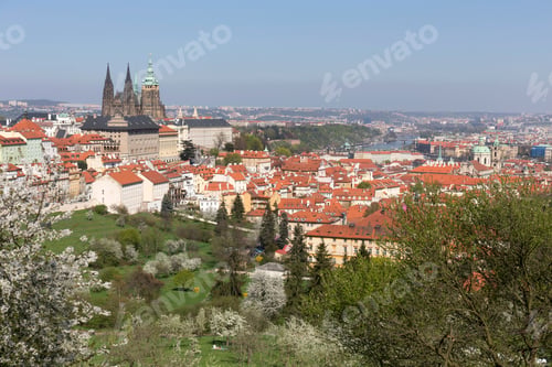 Preview: Spring Prague City With Gothic Castle And The Green Nature And Flowering Trees, Czech Republic