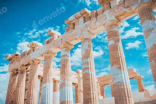 Preview: Low Angle View Of Historic Ancient Ruins With Partially Restored Columns And Crumbling Crown